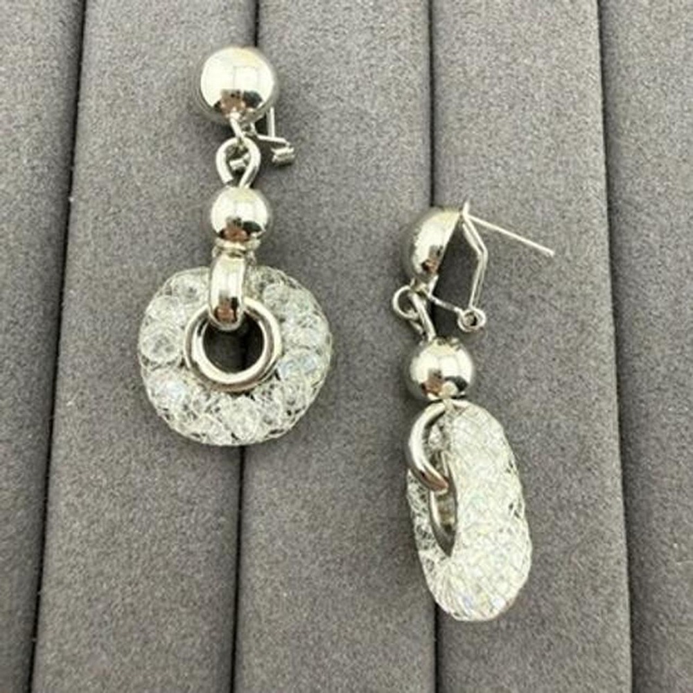 Crystal‎ Mesh Donut Drop Earrings Silver Tone Geometric Dangle Modern Design